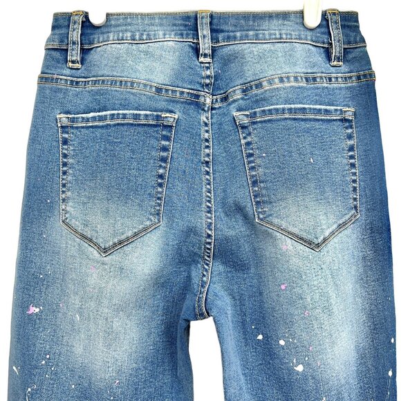 YMI Women's Distressed Splatter Paint Raw Hem Stretch  Blue Denim Jeans Size 5 - Picture 4 of 12